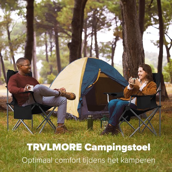 TRVLMORE Campingstoel - Opvouwbaar - Comfortabele Vouwstoel - 150 kg draagvermogen - Drankhouder - Koelvak - Zijvak - Zwart