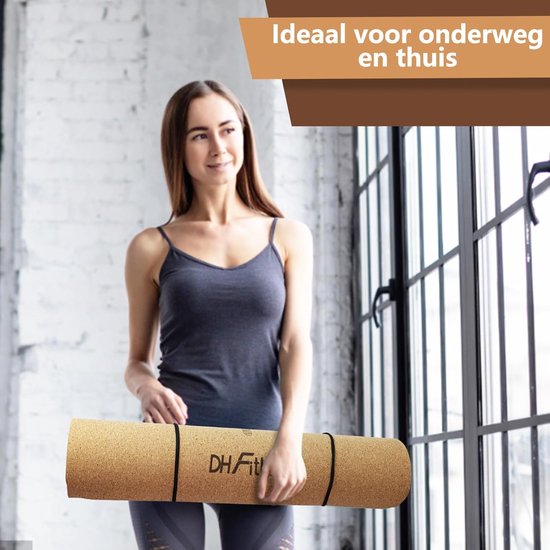 DH FitLife Yogamat van kurk & TPE, mat 183 x 61 x 0,6 cm, fitnessmat, antislip en milieuvriendelijk, sportmat van nature zelfreinigend, yogamat met oriëntatielijnen (grote lotos)