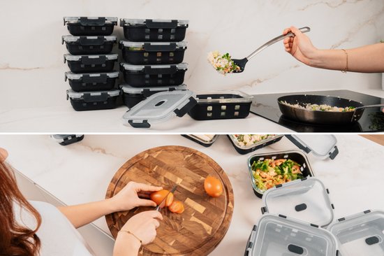 VDN Glazen Meal Prep Bakjes met Silicone Sleeve – 10 Delige Set Vershoudbakjes van Borosilicaatglas – Luchtdicht & BPA Vrij – Magnetron met Ventiel, Oven, Vriezer & Vaatwasser Bestendig – 5x1040ML & 5x370ML