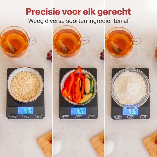 AoraKitchen Keukenweegschaal Digitaal - Usb Oplaadbaar - 1g tot 15kg - Precisie Weegschaal - Tarra