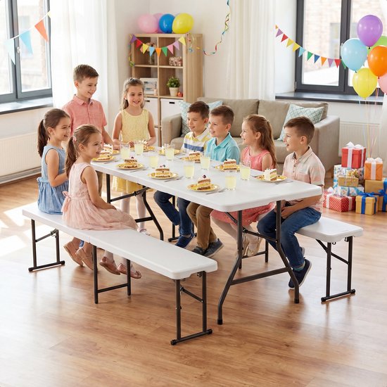 LifeGoods Inklapbare Picknickset - 180cm x 74cm - Tuintafel met 2 Banken - Weerbestendig - Campingtafel - Biertafel Opklapbaar - Voor Binnen en Buiten - Voor 6 tot 8 Personen - Wit