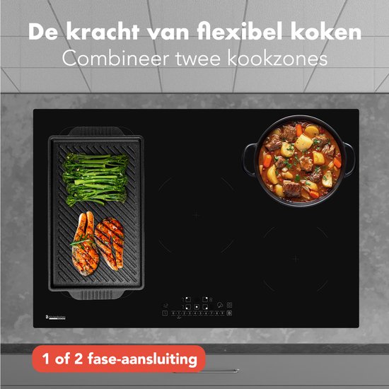 KitchenBrothers Inductie Kookplaat - Inbouw Inductieplaat - 80 cm - 1 Flexzone + 3 Zones - 1 en 2 Fase - Zwart