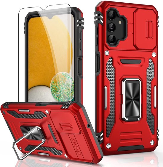 Podec Hoesje Geschikt voor Samsung Galaxy A13 5G Rood Telefoonhoesje - Anti-Shock Case Cover Hybrid Armor Hoes met Kickstand Ring met Screenprotector