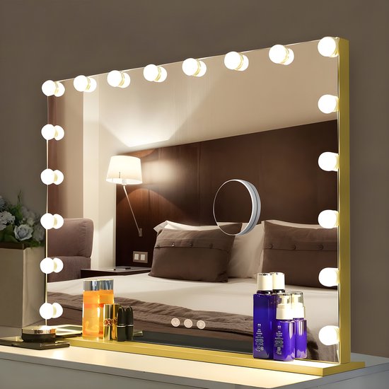 Bayt Hollywood Spiegel met Verlichting - Make Up Spiegel met Verlichting - Spiegel met Verlichting - Hollywood Spiegel 80x60 - Dimbaar - 10x Vergroting - 80x60cm - Goud