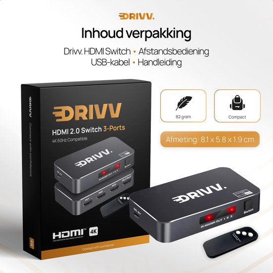 Drivv. HDMI Switch 4K 60Hz – 3 ingangen 1 uitgang - Incl Afstandsbediening - Automatisch Schakelen - 780/1080p/4K - Zwart