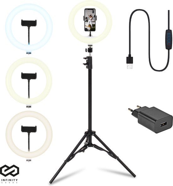 Infinity Goods Ring Light Met Statief - LED - 3 Kleuren - Verstelbaar Statief Tot 186m - Inclusief Stekker - Selfie Ringlight voor Tiktok / Instagram / Youtube / Streaming / Thuis Werken - Zwart