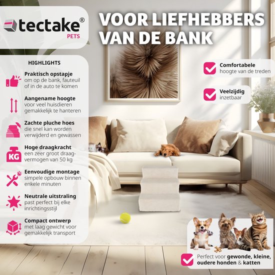 Tectake® Hondentrap en Kattentrap - Huisdiertrap - Instaphulp met Wasbare Hoes - Extra Platte Treden - (beige, 37 x 45 x 34,5 cm, 3)