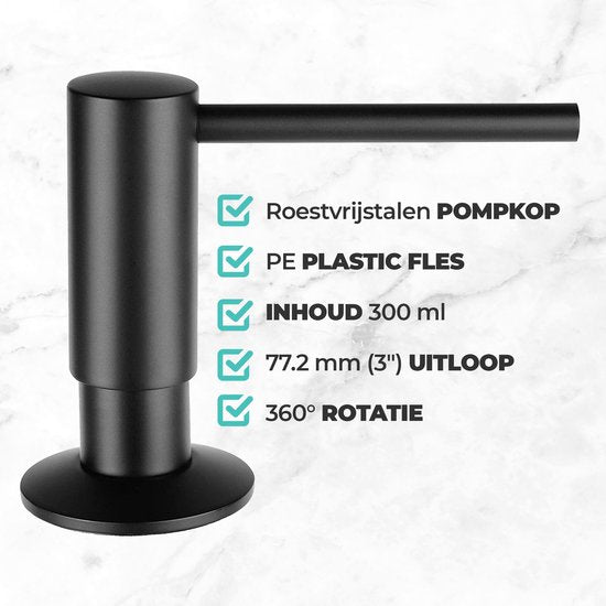 Mizzo Zeepdispenser 300ML - Zeeppompje Zwart - Inbouw Keukenblad - Zwart