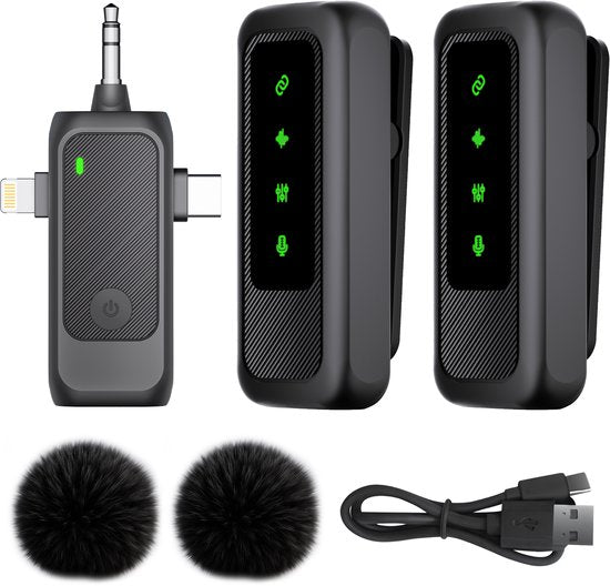 Nuvance Draadloze Microfoon - 2 Stuks - Microfoon Draadloos - Mini Dasspeld Microfoon - Lavalier - 3 in 1 - Incl. 2 Windshields