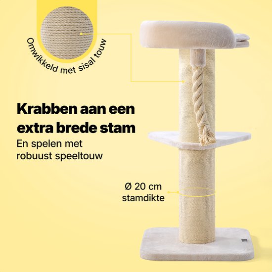 Jake en Jacky Krabpaal voor Grote Katten met Mand - Met Speeltouw - Met Opstap - Naturel/Crème - 57x57x121 cm - Ø Krabpaal 20 cm