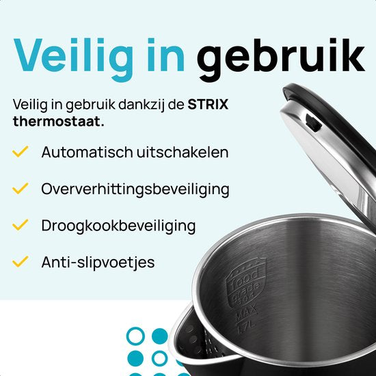 MOA Waterkoker met Temperatuurregeling - 1,7 Liter - Dubbelwandig - Warmhoudfunctie - Elektrische Waterkoker - 2200W - Zwart