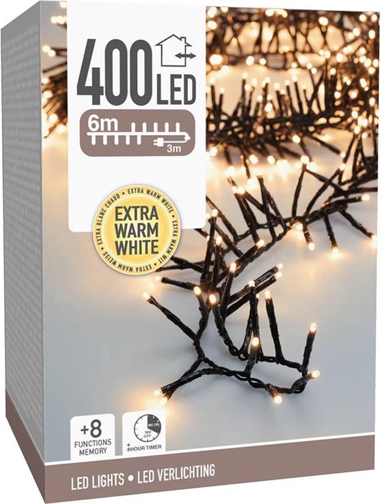Maxi Cluster Kerstverlichting - 400 led - 6m - extra warm wit - Timer - Lichtfuncties - Geheugen - Buiten