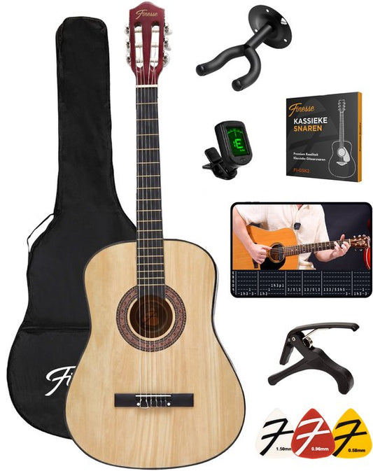 Finesse Akoestische Gitaar - met Videocursus - Nylon Snaren - Klassieke Gitaar - Spaanse Gitaar - Kind - Volwassenen - Naturel