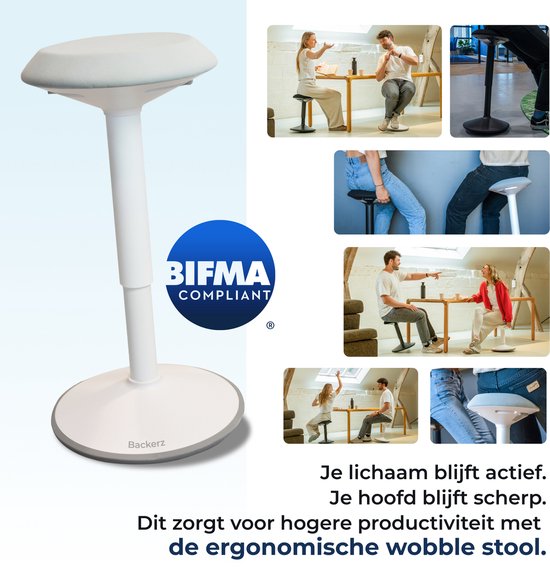 Backerz Wiebelkruk - Ergonomische Wiebel Stoel hoogte 55-80cm - Balanskruk - Zit Sta kruk - Zadelkruk Wit