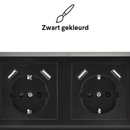 Homra Brock Dubbel USB Stopcontact Zwart - Inbouw Wandcontactdoos - Glanzend Kunststof - Zwarte Wanddoos - Contactdoos - 5.600mA - 220 volt - USB Oplader - Snel Opladen - Fast Charge - Randaarde - 80x80mm