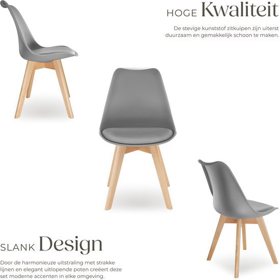 tectake® Eetkamerstoel Frederikke - Set van 6 Eetkamerstoelen met Gevoerde Stoffen Zitting - Massief Houten Poten - Ergonomische Stoelen geschikt voor Woonkamer, Eetkamer, Slaapkamer en Keuken - Draagkracht 120kg - Grijs