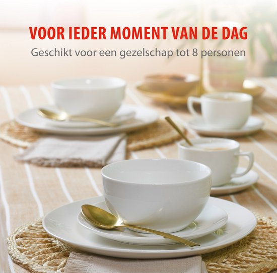 alpina serviesset 8 Persoons - Aardewerk Servies 40-Delig - Bordenset met Ontbijtborden, Dinerborden, Kommen, Kopjes en Schotels - Servies Set Vaatwasser- en Magnetronbestendig - Wit