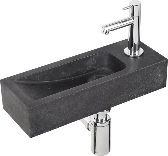 Differnz Luxor Fonteinset - Wasbak Natuursteen - Zwart - Gebogen Kraan - Chroom - Standaard Greep - 38 x 14 x 8 cm