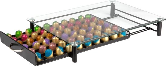 KitchenBrothers Capsulehouder - met Lade - Nespresso - 60 Cups - Glas - RVS/Zwart