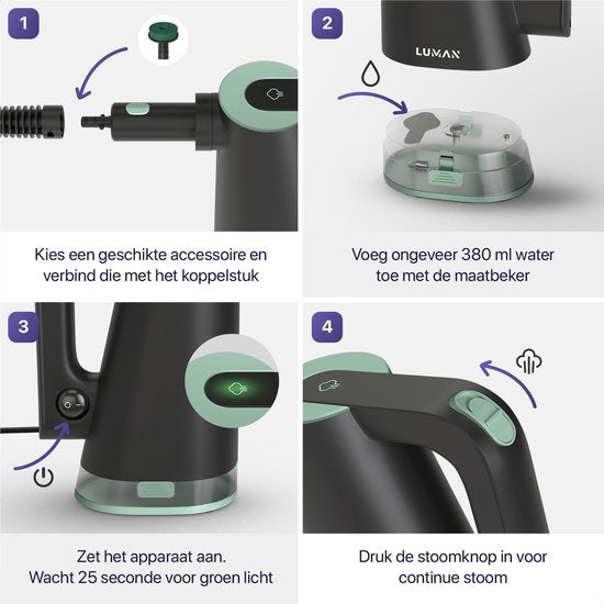 LUMAN 16 in 1 Stoomreiniger Én Handstoomreiniger V3 - Tapijtreiniger - Vlekkenreiniger - Vloerreiniger - Met 16 Opzetstukken en 3 Microvezeldoeken - Groen