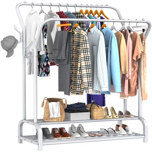 Avalo Industrieel Kledingrek Dubbele Stang - Metaal - 110x33x150 CM - Wit - Opbergruimte Voor Schoenen - Garderoberek Met Haken