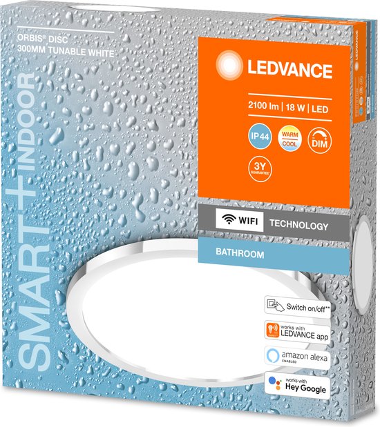 LEDVANCE Armatuur: voor plafond, BADKAMER DECORATIEF PLAFOND EN MUUR MET WIFI-TECHNOLOGIE / 18 W, 22-…24- V, stralingshoek: 11-, Afgestemd Wit, 3-65- K, behuizingsmateriaal: aluminium, IP44