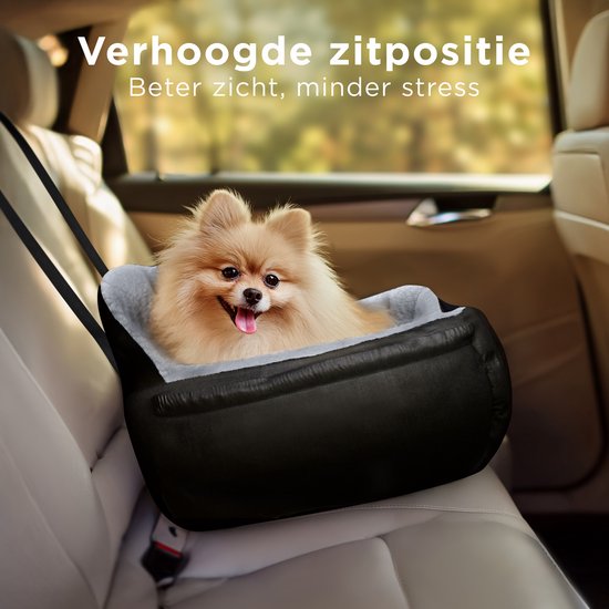 CozySense® Honden Autostoel - Hondenmand Auto met Veiligheidsriem & Opbergvak - Voor Kleine Hond - Voorbank of Achterbank - Zwart/Grijs