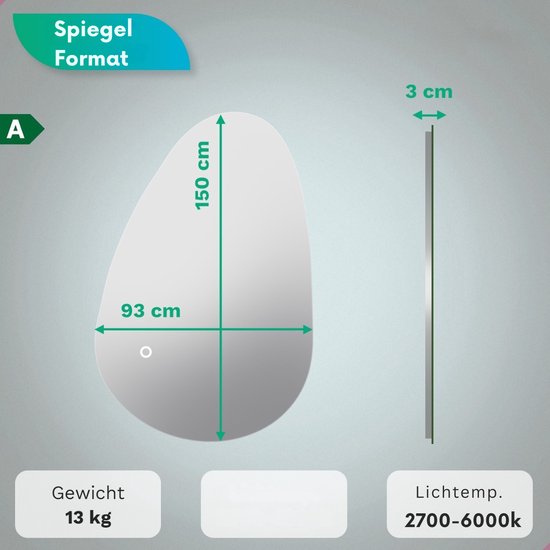 Mirlux Badkamerspiegel met LED Verlichting – Asymmetrisch - Organisch Wandspiegels – Anti Condens Douchespiegel - Wandspiegel 150x93CM