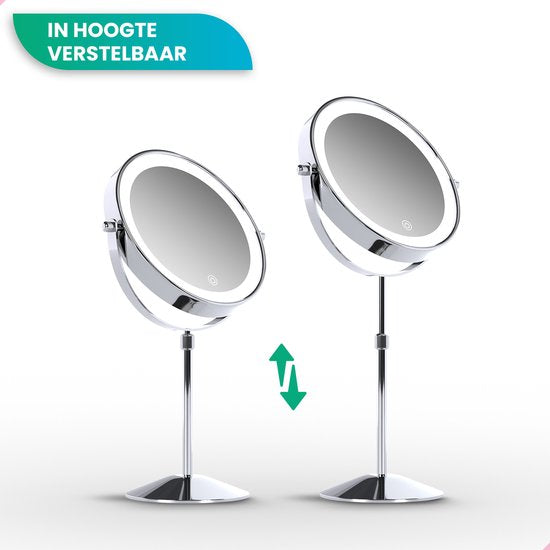 Mirlux Luxe Make-upspiegel met LED-verlichting - 10x Vergroting - Verstelbaar & Oplaadbaar - 3 Lichtstanden - Chroom - Make-upspiegel - Spiegel met LED-licht
