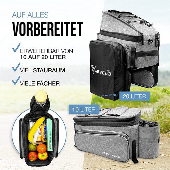 MIVELO - Fietstas voor bagagedrager - bagagedragertas fiets - uitbreidbaar tot 20 l - waterafstotend - 20 l grijs