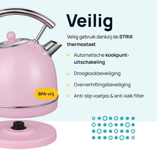 MOA Waterkoker Retro - 1,8 Liter - Elektrische Waterkoker - Anti Calcium Filter - BPA-vrij - RVS - 2200W - Pastel Roze