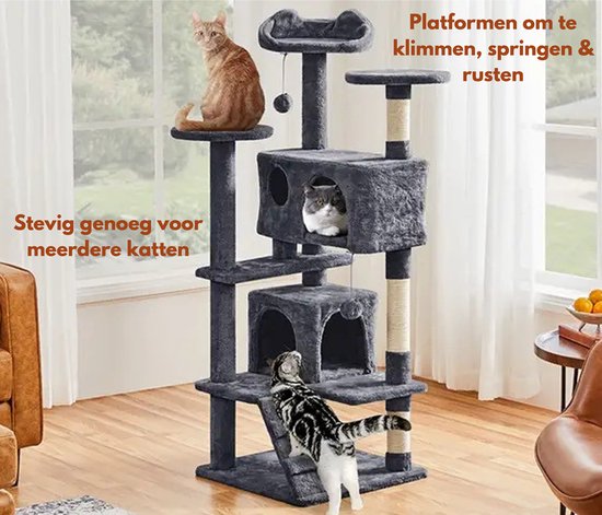 Livista Krabpaal voor Katten - 7 Verdiepingen - 138x48x48 CM - Donkergrijs - Krabpaal Voor Katten Van Alle Soorten