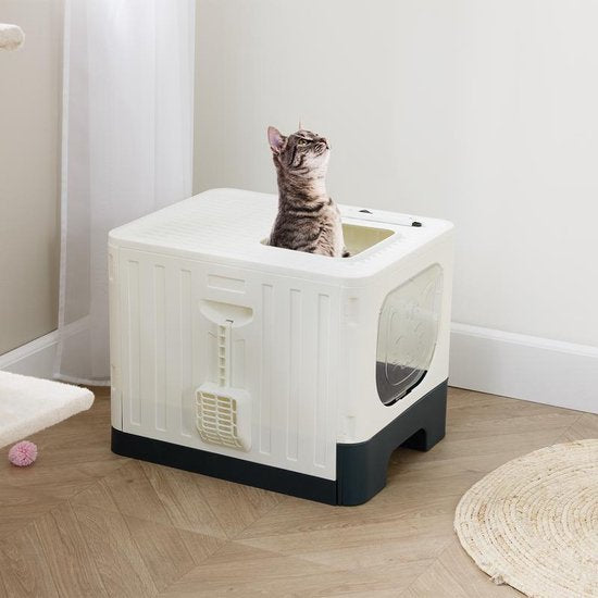 Lifa Living Opvouwbare Kattenbak met Uitschuiflade - Praktisch, Draagbaar en Ruim - Crème/Antraciet