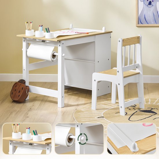 SoBuy KMB60-WN Kindertafel met Stoel, 2-delige set, tafel en stoel voor kinderen, bureau met 2 planken, papierhouders en opbergvakken, wit/Natuurel, 80 x 50 x 66 cm