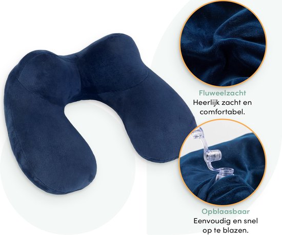 Opblaasbaar Nekkussen set 3 in 1 met Opbergtasje - Vliegtuig Kussen - Reiskussentje - Fluweel - U-Vorm – Inclusief slaapmasker en oordoppen – Blauw