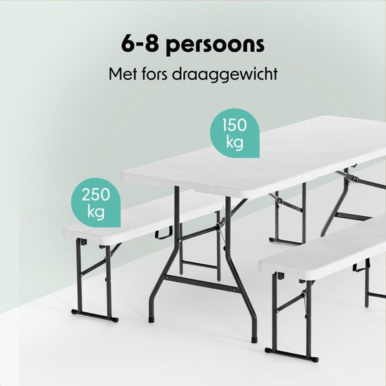 LifeGoods Inklapbare Picknickset - 180cm x 74cm - Tuintafel met 2 Banken - Weerbestendig - Campingtafel - Biertafel Opklapbaar - Voor Binnen en Buiten - Voor 6 tot 8 Personen - Wit