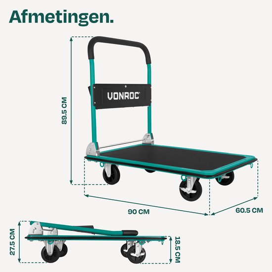 VONROC Plateauwagen – inklapbaar – draagvermogen max 300 kg – groot laadplatform 90x60 cm - transportwagen - inclusief spanbanden