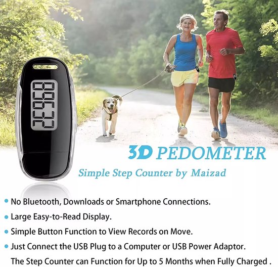 Garpex® Stappenteller met Clip en Draagkoord - USB Opladen - Activity Tracker - Pedometer - Groot Scherm - Broekzak - Zwart