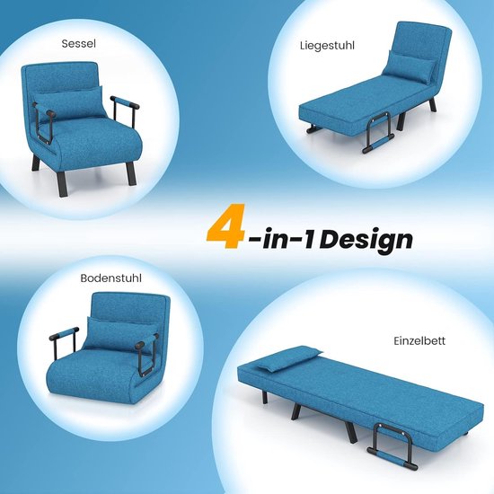 Coast Fauteuil - Slaapbank - 5 Posities - Max. 150 kg - 184 x 65 x 29 cm - blauw
