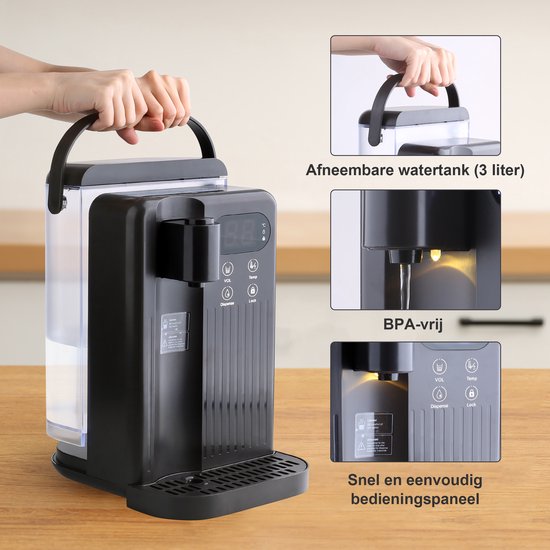 Heetwaterdispenser - 3L - Kunststof - BPA vrij - 2000W - 26.50x23.50x35 cm - Zwart