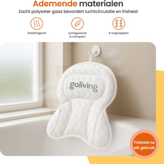 Goliving Badkussen - Ergonomisch Kussen voor in Bad - Met 6 Zuignappen - Inclusief Waszakje - Anti-Slip, Lichtgewicht & Waterdicht -100% Polyester - Wit