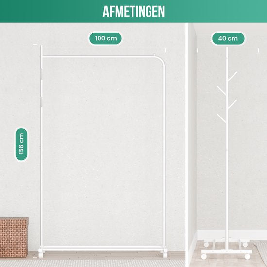 Avalo Kledingrek op Wieltjes Wit - Metaal - 100x40x156 - Opbergruimte Voor Schoenen