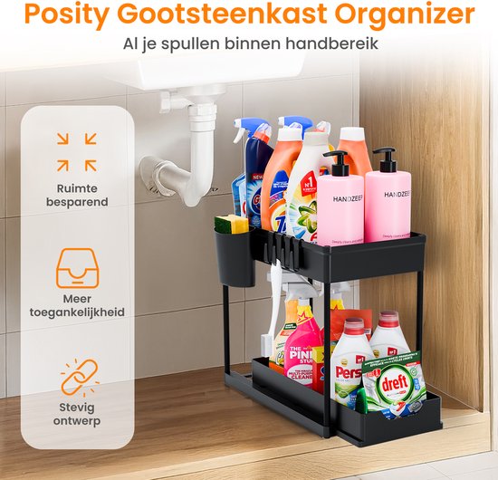 Posity Gootsteenkast Organizer - Keukenkastje Organizer - Schuiflade - Kast Organizer - Badkamer Organizer - Aanrecht Organiser - 1 Uitschuifbare Lade - Zwart