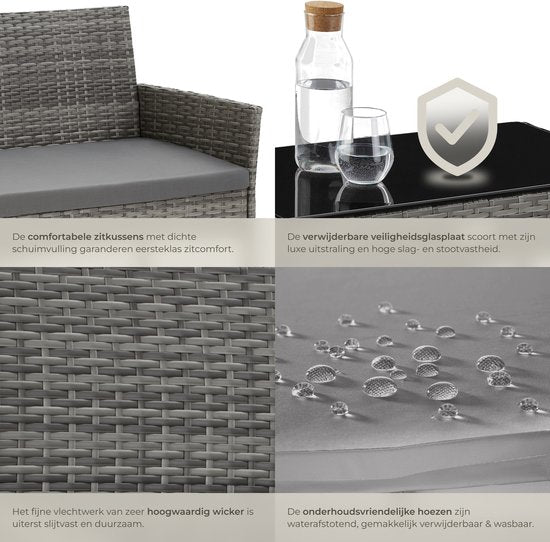 tectake® - Wicker tuinset Palese - Zitgroep voor 4 personen - Tuinmeubelset met loungebank, tuintafel en 2 tuinstoelen inclusief zitkussens - Tuinmeubelen - Waterafstotend - Grijs