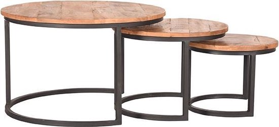 LABEL51 Triplet Salontafel Set – Rond 60 cm – Naturel Hout – Industriële Bijzettafels – Set van 3 – Stoer & Tijdloos Design
