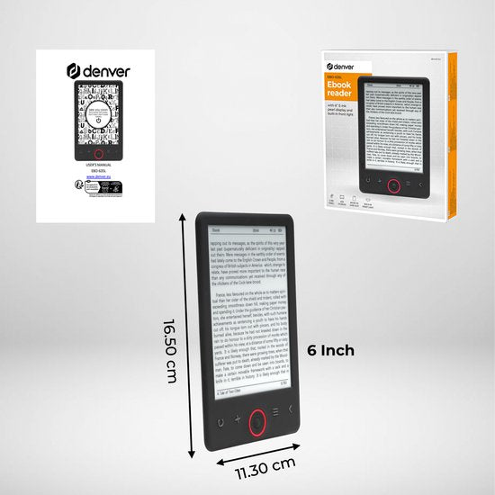 Denver E Reader 6 inch - Display Verlichting - E book Reader - E Ink - Ondersteuning tot 32GB - EBO635L - Zwart