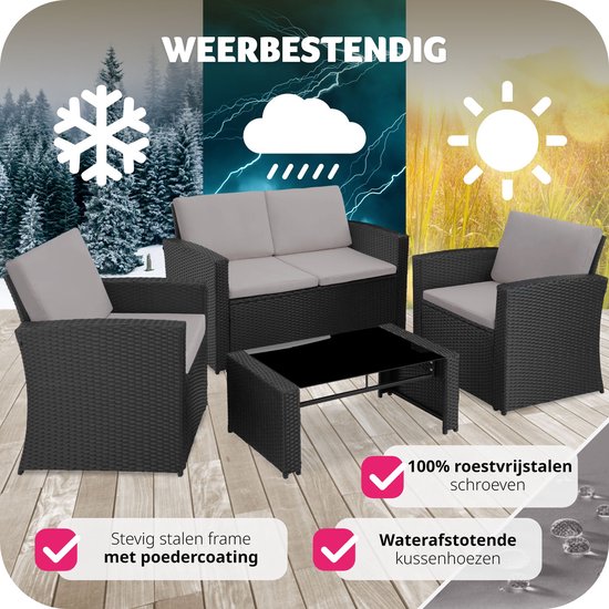 tectake® Wicker Tuinset voor 4 Personen - 2-zits Tuinbank en 2 Tuinstoelen - Tafel met Afneembaar Glazen Blad - Comfortabele Zit- en Rugkussens - Loungeset voor Tuin, Terras, Balkon - Zwart