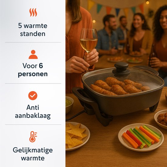 Elektrische hapjespan met deksel - Hapjespannen - Party - Grill - Snack - Sauteer - Pan - Inductie - Braadpan - Skoov