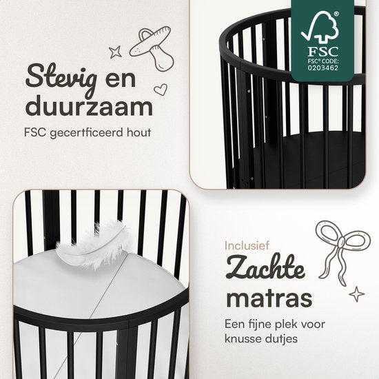 Flowsense Baby Box – Ronde Speelbox - Grondbox - Kinderbox - Playpen – Met Matras – Verstelbare Hoogtes – Wielen - Zwart