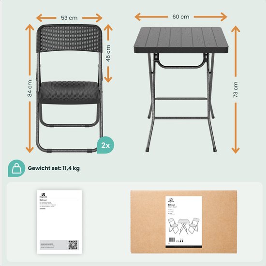 LifeGoods Bistroset - 3-delig - Inklapbaar - Rattan Look - Tuinset met Bijzettafel - Zwart - 200kg Draagkracht - Weerbestendig